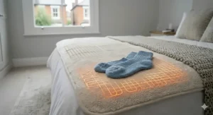 A photorealistic close-up photograph capturing a hand smoothing a pair of cosy knitted socks onto the foot area of a king size electric blanket in a natural light British bedroom, with an amber LED grid emphasizing the heated foot zone.