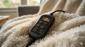 A black handheld remote control for a heated throw, featuring a digital display with a 2-hour timer and icons for overheat protection and auto shut-off.