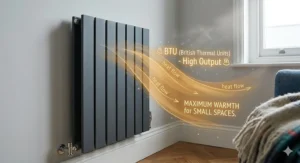 Close-up of a double-panel vertical anthracite grey radiator, highlighting the high BTU heat output and narrow footprint ideal for warming small rooms.