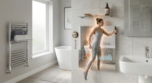 An illustration of a woman in a bathroom with a visual heat aura effect, demonstrating how infrared rays warm the body directly rather than the air.