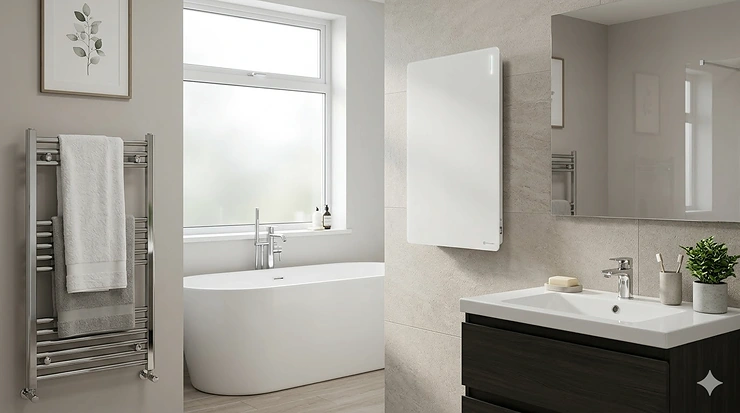 A sleek, wall-mounted white infrared bathroom heater installed in a contemporary British bathroom featuring a freestanding bath and chrome towel radiator. infrared bathroom heater