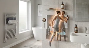 A smart infrared mirror heater showing a digital display and demister symbols, ideal for steam-free morning routines in a family bathroom.