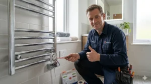 A qualified UK electrician installing a wall-mounted electric towel rail in a modern family bathroom.