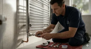 A professional British plumber, wearing a 'UK PLUMBING' polo, kneeling to install a modern chrome ladder-style heated towel rail, securing a connection to copper piping.