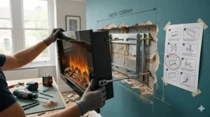A close-up of a wall mounted electric fire being installed into a recessed masonry wall with a mounting bracket.