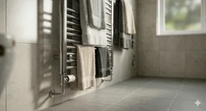 A tall and wide chrome family-sized multi-bar heated towel rail, densely capacity with eight assorted family towels in a naturally lit, clean UK bathroom.