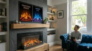 A comparison of different LED flame colour options including traditional orange and modern blue on a wall mounted electric fire.