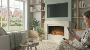 A stylish electric fire suite with a light oak wood finish, positioned against a neutral wall in a modern British semi-detached home.