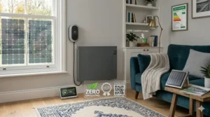 An illustration of a sustainable modern home interior featuring an efficient electric radiator on a light grey wall, alongside other eco-friendly elements like an intelligent smart meter showing renewable energy use and an 'A-RATED' EPC certificate.