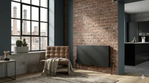 Horizontal matte black designer radiator featuring a minimalist industrial aesthetic in a London-style loft.