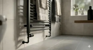 A contemporary matt black ladder-style heated towel rail, mounted on a light grey tiled wall and styled with neutral-coloured towels, in a naturally lit UK bathroom.