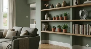 A clean, contemporary white two-column radiator fitted beneath a window in a bright lounge featuring sage green walls and neutral soft furnishings.