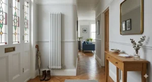 Slim white vertical column radiator installed on a light grey painted wall in a narrow traditional English hallway with a herringbone wood floor.