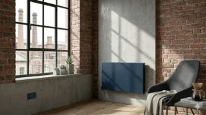 A bold navy blue designer radiator serving as a decorative statement piece on a feature wall.