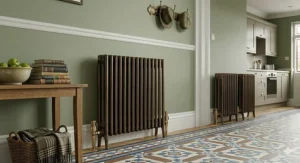 A high-output traditional column radiator installed in a refurbished Edwardian hallway, highlighting professional UK plumbing standards.