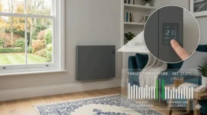 Close-up view of the integrated digital control panel on an anthracite grey electric radiator, showcasing precise target temperature adjustment to 0.1 degree accuracy, with graphical indicators demonstrating minimal energy waste.