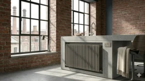 A slimline designer radiator in a neutral stone finish, integrated into a modern kitchen-diner island.