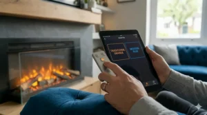 A person using a smartphone app and remote control to adjust the settings of a smart wall mounted electric fire.
