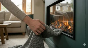 A hand holding a remote control to adjust the thermostat and flame brightness of an electric fire.