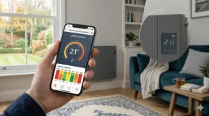A hand holds a smartphone displaying a 'LIVING ROOM HEATING' app with precise temperature controls and a comprehensive weekly scheduling calendar (Mon-Sun), connected via Wi-Fi to the adjacent grey electric radiator.