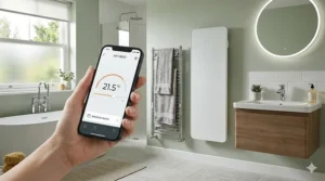 A person using a smartphone app to set a schedule for a smart bathroom heater, ensuring a warm room during cold British mornings.