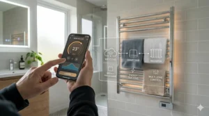 A person using a smartphone app to control the heating schedule of an electric towel radiator.