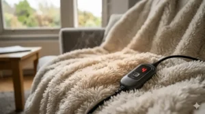 Close-up detail of a luxury cream faux-fur heated throw fabric with a digital heat controller showing a medium temperature setting.