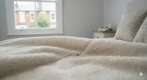 A photorealistic close-up photograph capturing the deep-pile, cream-colored luxury fleece material of a premium king size electric underblanket in a natural light British bedroom, emphasizing tactile softness.