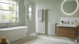 A classic white Victorian-style column radiator connected to a central heating system in a traditional British bathroom.