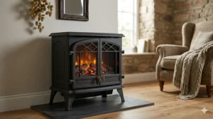 Traditional cast iron style freestanding electric stove fire with a glowing coal bed and twin doors.