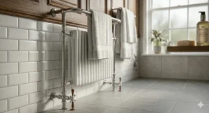 A photorealistic, high-detail photograph of a traditional floor-standing Victorian-style heated towel radiator with polished chrome tubes and white column inserts, styled with white towels.