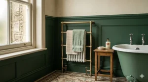 A classic Victorian-style floor-mounted electric towel radiator with white columns and chrome rails.