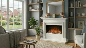 A classic white wood-effect electric fire suite with a traditional mantelpiece, styled with ornaments in a cosy living area.