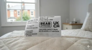 A photorealistic close-up photograph of the BEAB approved safety mark and UKCA logo on the woven label of a king size electric blanket, confirming British safety certification.