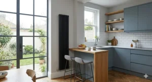 Matte black vertical column radiator mounted on a light grey wall next to an oak breakfast bar in a compact, open-plan kitchen and diner.