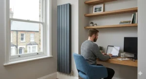 Modern anthracite grey vertical flat-panel radiator seamlessly mounted in the corner of a compact home office workstation in a UK home.