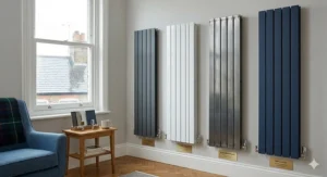 A display arrangement showcasing four vertical radiators in various finishes including matte anthracite grey, gloss white, raw metal lacquer, and deep navy blue.