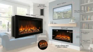 Technical drawing showing the width, height, and recess depth of a slimline wall mounted electric fire.
