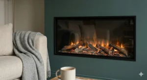 A sleek black wall-mounted electric fire hanging below a flat-screen television in a minimalist city flat.