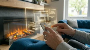 A diagram showing the essential safety clearance zones for the floor and mantelpiece when installing a wall mounted electric fire.