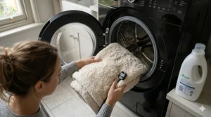 A person detaching the power cable from a cream fleece heated throw before placing the blanket into a black front-loading washing machine.