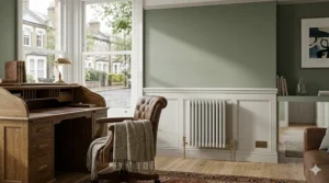 A classic white three-column designer radiator installed under a sash window in a period home.