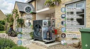 Comprehensive maintenance checklist showing key areas of an air source heat pump to inspect regularly.