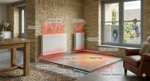 Diagram showing an air source heat pump connected to both radiators and hydronic underfloor heating.