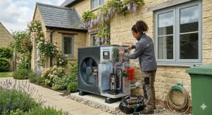 Technical visual illustrating the maintenance and internal component access of an air source heat pump.