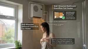 A wall-mounted downflow fan heater installed in a British bathroom, highlighting the IP21 water resistance rating.