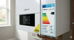 A photorealistic close-up of a UK ErP energy label, highlighting the high A rating for space heating and hot water efficiency on a modern combination boiler.