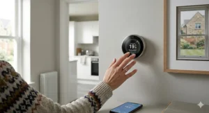 A close-up of a hand adjusting a wall-mounted digital smart thermostat in a modern UK home to control a high-efficiency combi boiler system for improved energy savings.