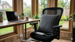 A grey cable-knit heated cushion used for back comfort on a black mesh office chair in a bright timber-clad garden office.