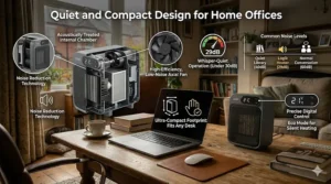 A compact, quiet fan heater positioned on a home office desk next to a laptop, ideal for working from home.
